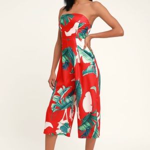 Lulus RED PRINT STRAPLESS MIDI JUMPSUIT